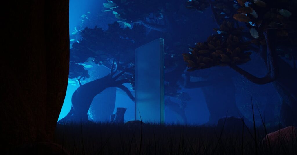 A mysterious glass monolith stands in a mystical forest under a blue night sky.